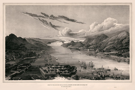 Gezicht op de haven en de baai van Nagasaki, met het eilandje Deshima, uit Siebolds boek 'Nippon'