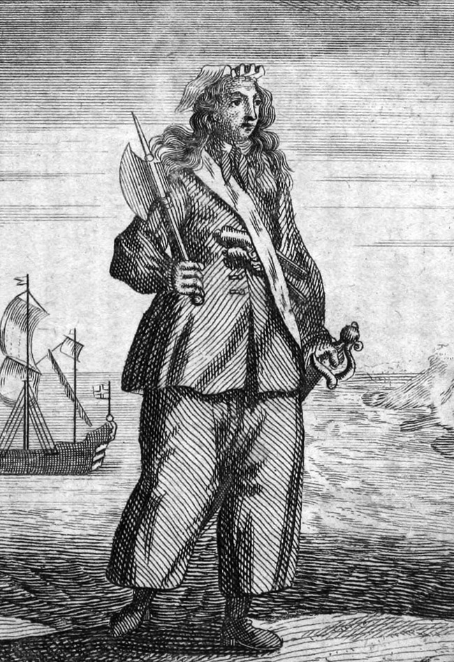Gravure uit 1724 van een vrouw die als man – in casu piraat - verkleed ging